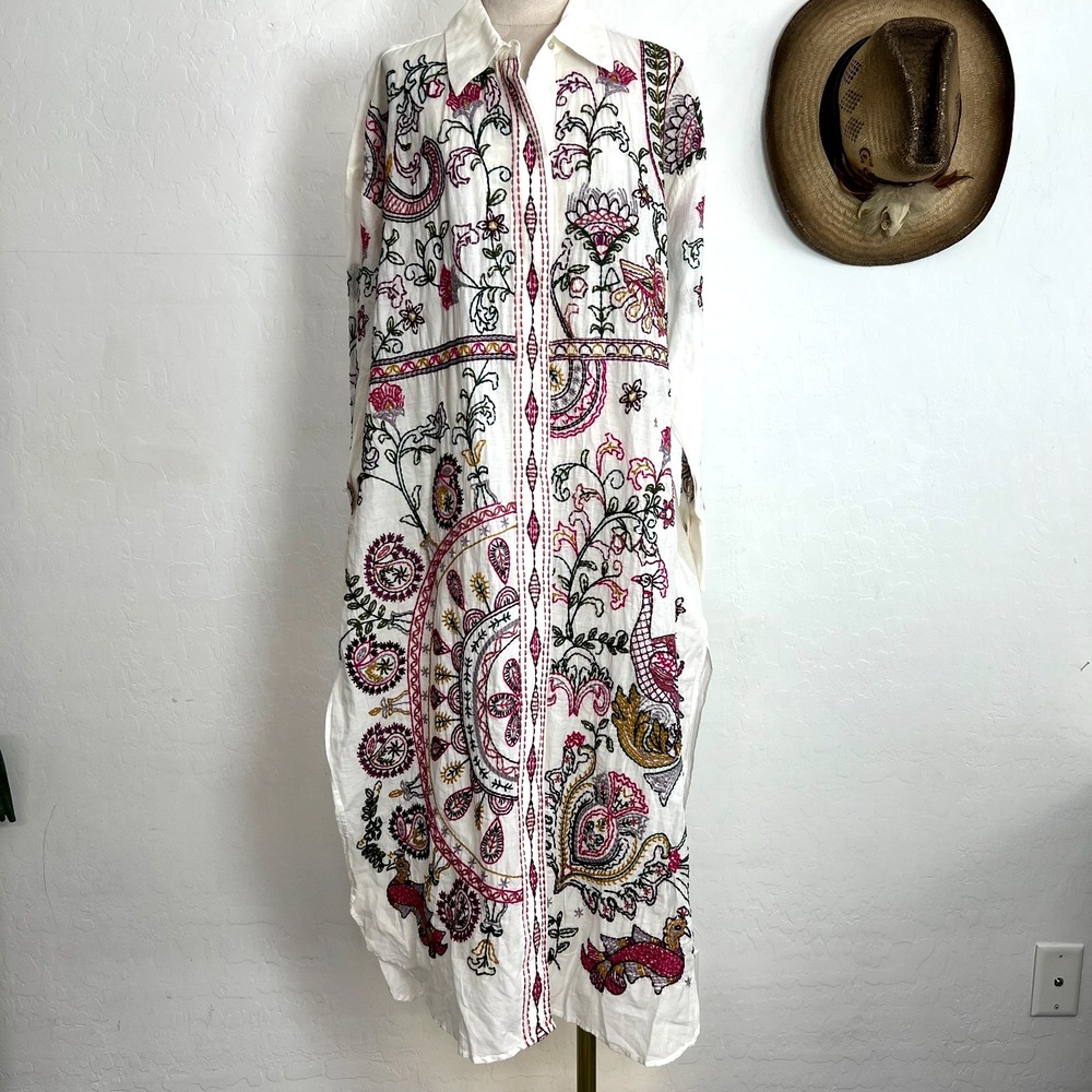 ZARA White Multicolor Embroidered Bird Paisley Kaftan Midi Shirt Dress S